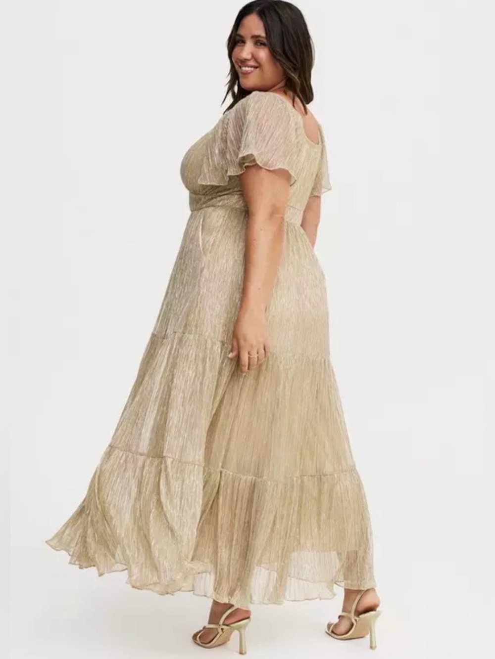 Torrid Glitter Flutter Sleeve Tiered Maxi Dress Gold 0 L 12 party holiday - Picture 3 of 8
